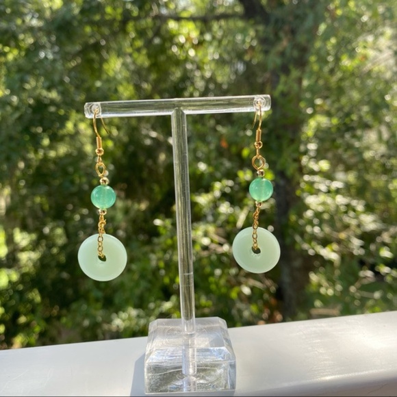 Earrings Gold Drop Mint + Jade Green Beads NWT - Picture 3 of 5